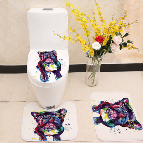 Colorful Pug or French Bulldog Print 3 Piece Set Toilet Seat Covers and Area Rug