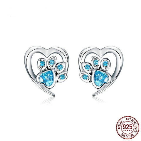 Dog Paw Heart Earrings 100% 925 Sterling Silver Blue Zircon Earrings